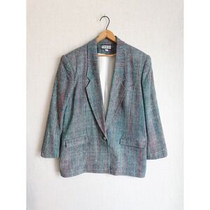 Taboh Womens Vintage‎ Silk Multi Color Woven Textured Blazer Green Pink 80s 90s